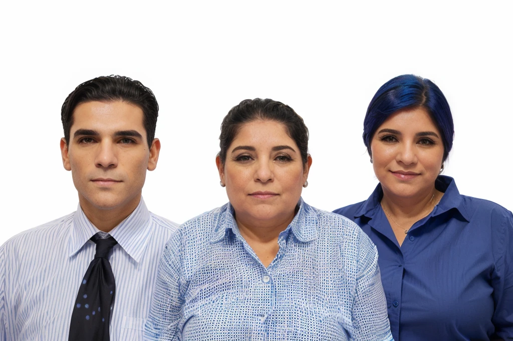 Hay tres personas juntas en una imagen., una dama de blusa azul con el cabello recogido, y dos varones a su costado