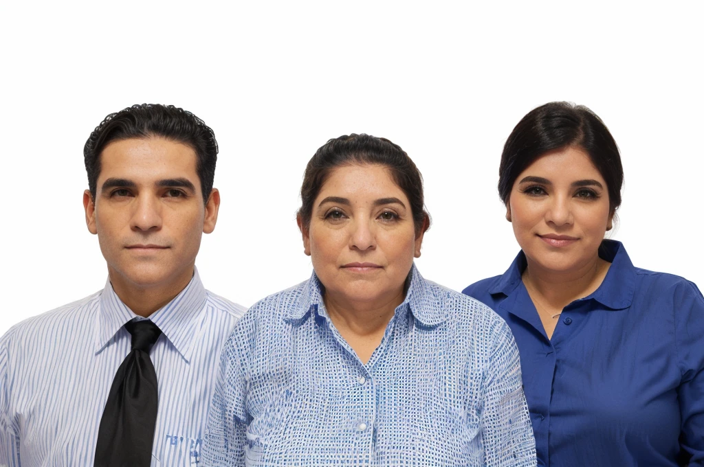 Hay tres personas juntas en una imagen., una dama de blusa azul con el cabello recogido, y dos varones a su costado