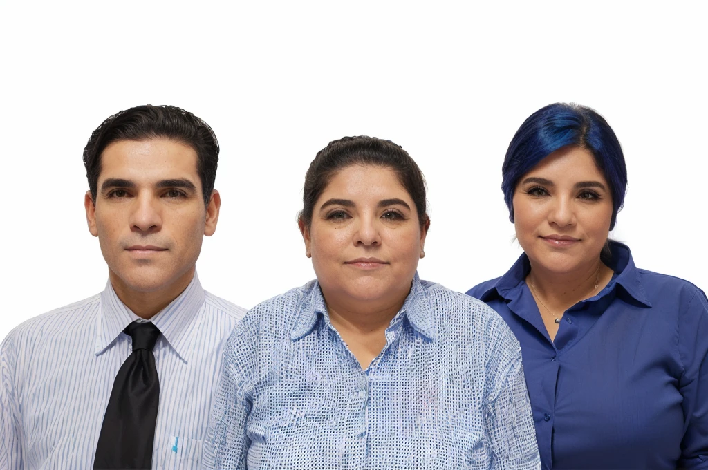 Hay tres personas juntas en una imagen., una dama de blusa azul con el cabello recogido, y dos varones a su costado