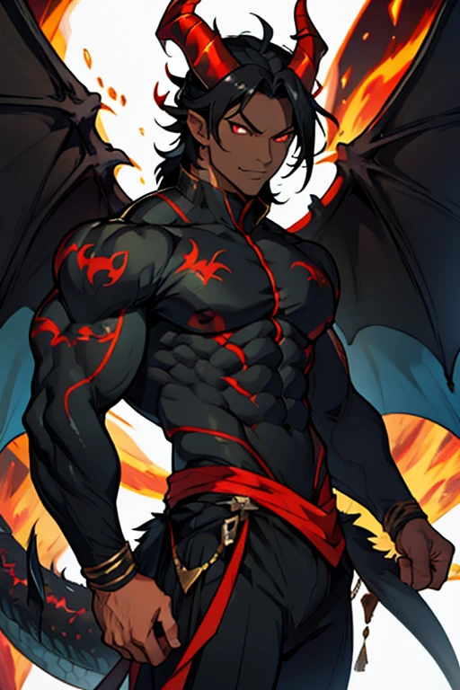 Muscular demon man black skin fire eyes black horns black hair dragon wings and tail 