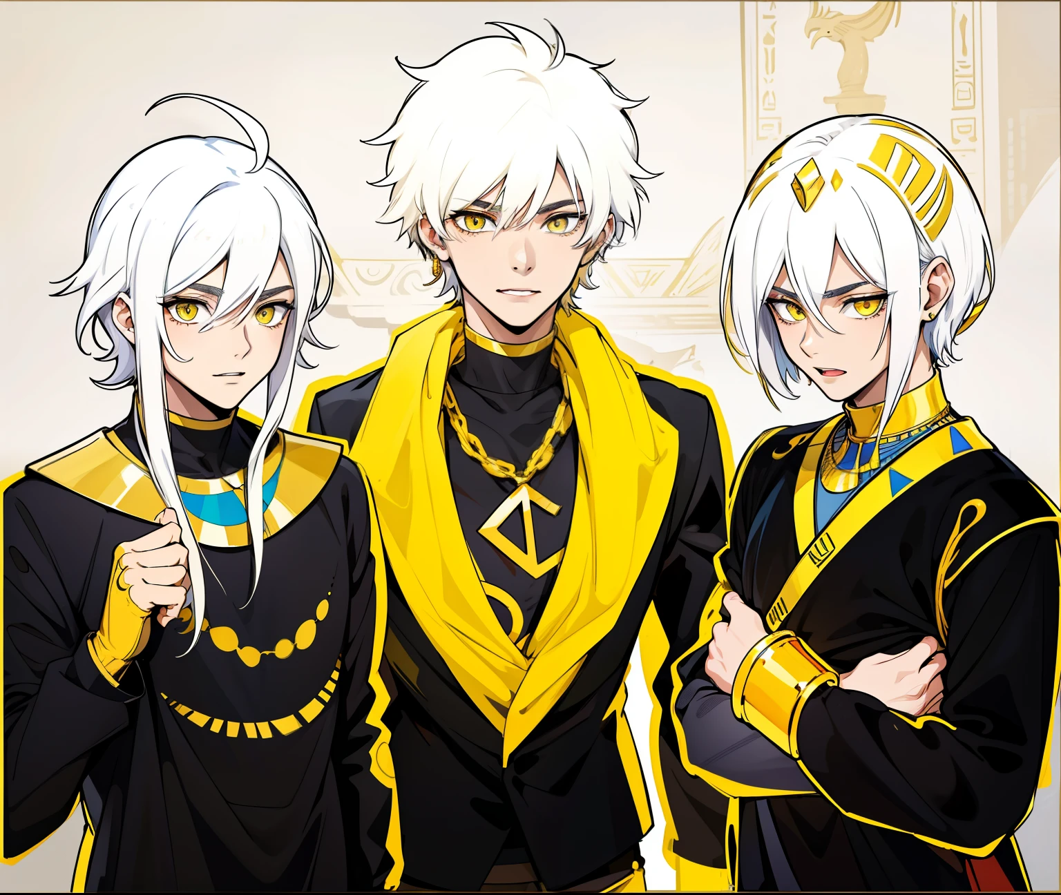 They are answering a question They are talking They open their mouths There are 5 Egyptian gods They are intimidating one of them They have a youthful appearance of 17 years old White hair Big yellow eyes They have gold jewelry Black and yellow clothes In the background you can see an Egyptian room