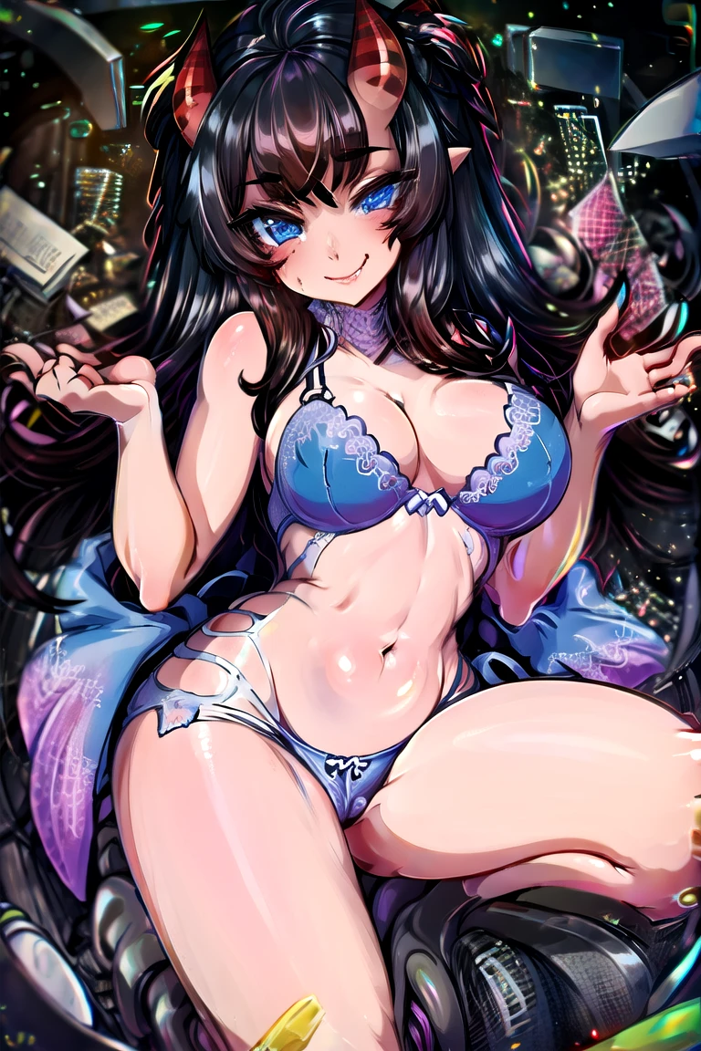 1girl, solo, best quality, demon girl, womb tattoo, lingerie, seductive look, smile, looking at viewer, absurdres, kinkymation style, cartoony, thick outline, succubus horns, provocative, 