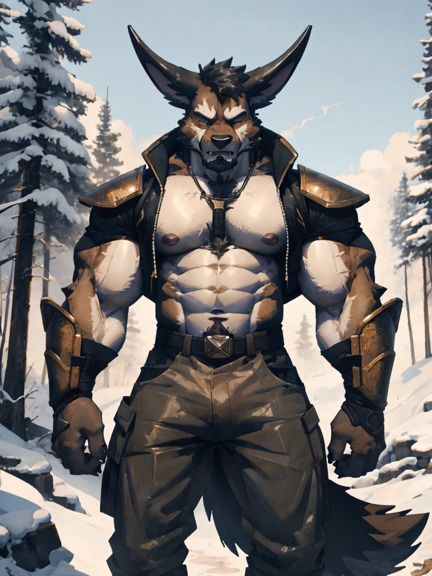 Minotaur, solo, muscular, perfect_eyes, perfect_face, abs, big_chest,wide_body, muscular_arms, winter, snowforest_background, solo, minotaur, angry, half_body, close_up, manly, man, muscular, brown_horns, big_eyes, orange_eyes, glowing_eyes, bara_body,hyper_muscles, hyper_chest, hyper_muscular_body, huge,forest, snow,snowy_forest, armor_pants, half_body,closeup, medieval_armor ,iron armor,armor,canines, moth_closed, angry,serious, HD, 4k, high_detailed_background,visible_abs,visible_chest
