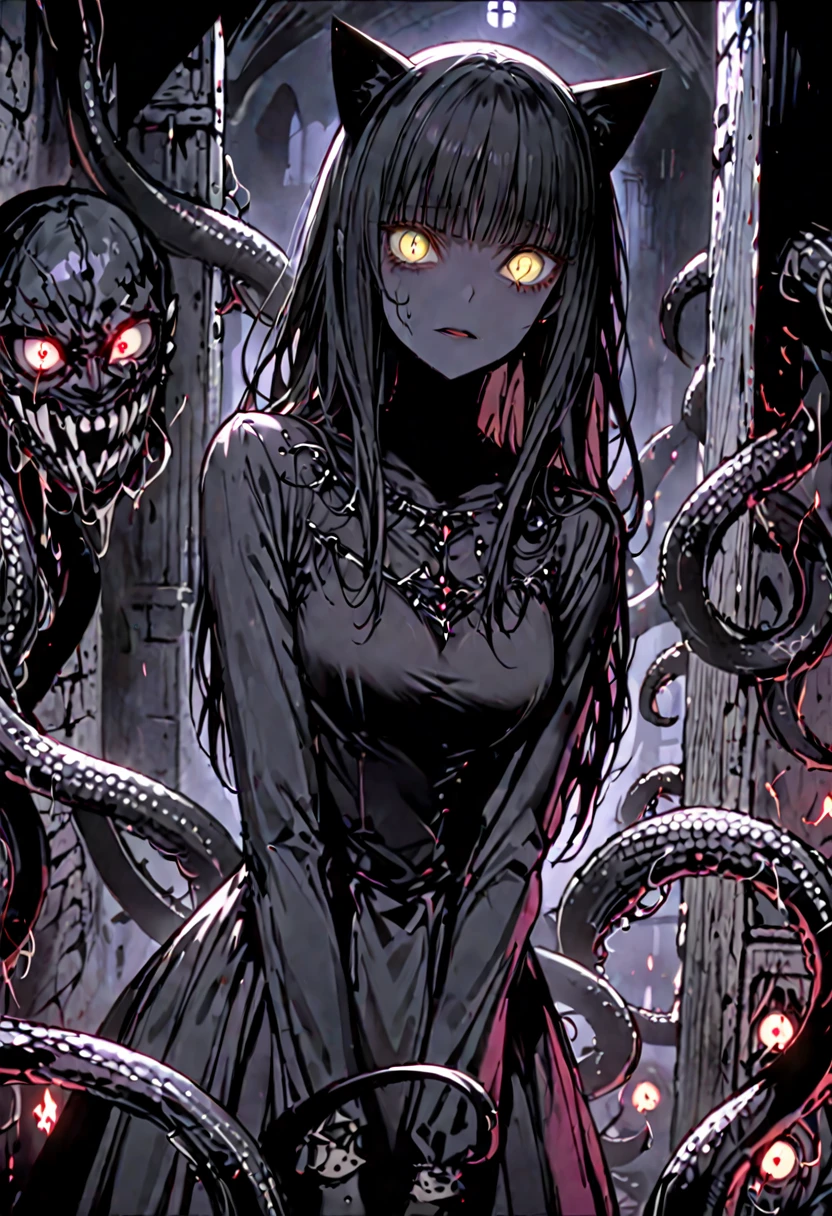 ((solo)), female, slender, very long arms, huge sharp claws, long claws, yellow eyes, slit pupils, short black hair, pitch black skin, horror, very dark, medieval, cleavage, room, corner, wide open eyes, yandere, extremely tall, black cat ears, black cat tail, simple dress, night, close up, tentacles emerging from back, cat pose