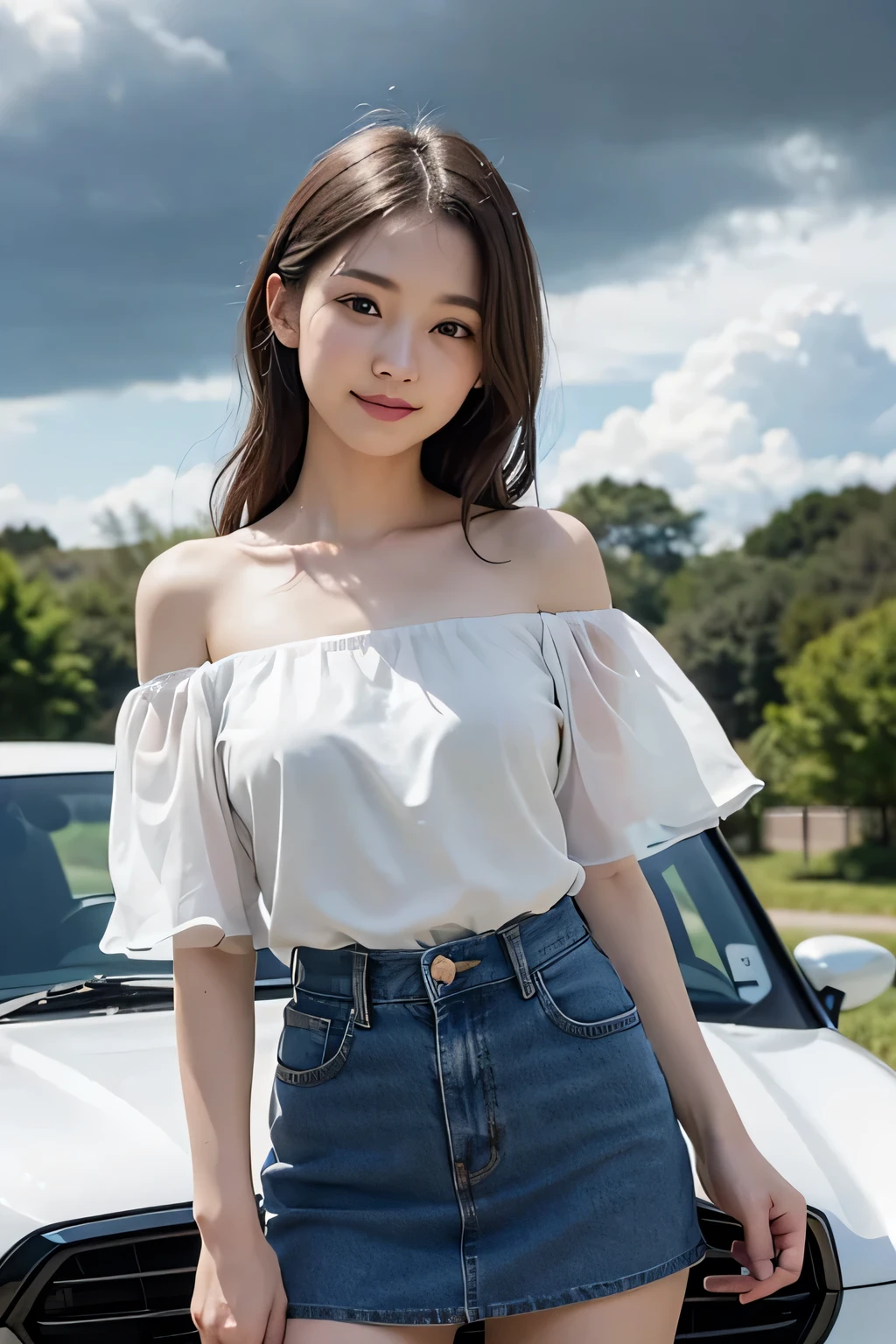 Very detailed CG Unity 8k wallpaper、highest quality、Very detailed、masterpiece、reality、reality、((Dark cloudy sky:1.4))、Very detailedなかわいい女の子、18-year-old、(high school girl:1.7)、((White short sleeve chiffon off-shoulder open front shirt:1.4))、(((White chiffon short sleeve shirt:1.7)))、((Photographed from the front:1.4))、((Dark Blue Denim Mini Skirt Lift:1.4))、((A high school girl standing in front of a white sports car:1.4))、((smile:1.4))、blush、Cleft lip、Looking at the audience、((Cowboy Shot:1.4))、((straight medium long hair:1.7))、((Black Hair:1.4))、(Beautiful Face:1.3)、(Perfect balance:1.2)、(Long legs:1.2)、(Small breasts:1.3)、((Upper Body))、Angle from below、reality、