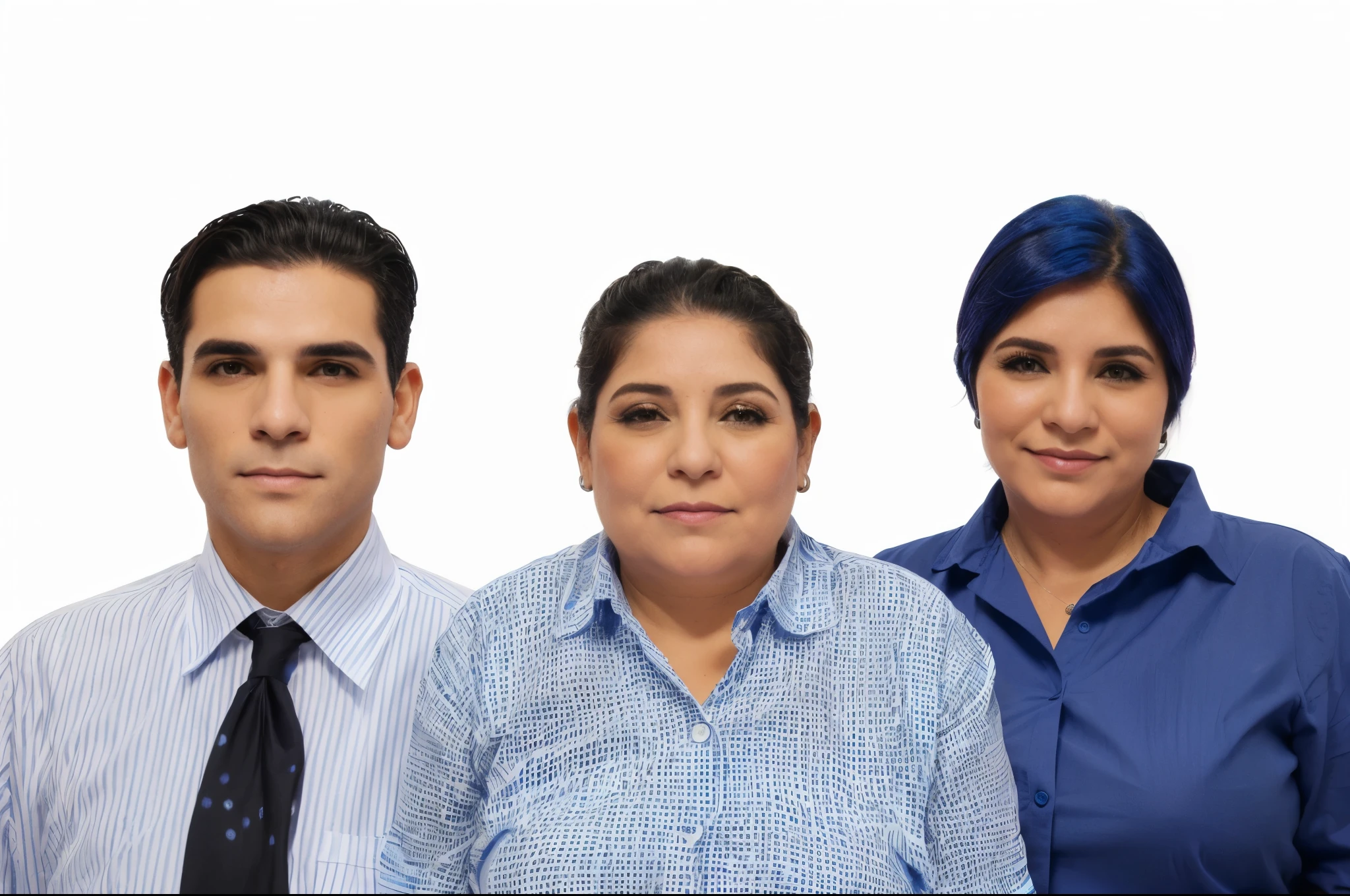 Hay tres personas juntas en una imagen., una dama de blusa azul con el cabello recogido, y dos varones a su costado