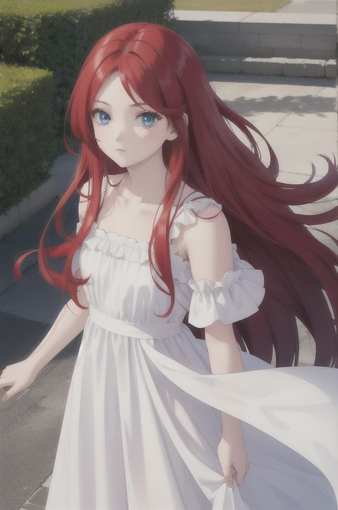 long red hair, girl, white dress, blue eyes