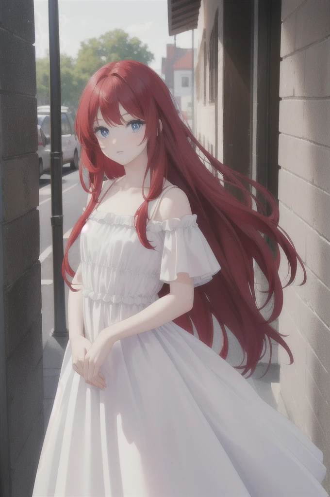 long red hair, girl, white dress, blue eyes