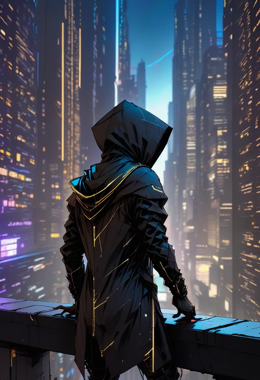 wide long shot, ((a man in a hooded futuristic suit with his back to the camera:1.5)), standing on a ledge, looking at a futuristic city at night, a dark cityscape with bright lights (best quality, 4k, 8k , high resolution, masterpiece: 1.2), ultra detailed (realistic, photorealistic, photorealistic: 1.37), cinematic lighting, dramatic shadows, moody atmosphere, intricate details, bright city lights, advanced technology, retro-futuristic architecture, dynamic pose, hood that casts shadows on the face, intense gaze