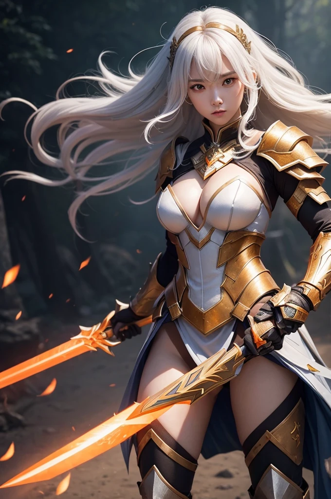 Make me an armored warrior princess with an aura greatsword, She has long, curly hair with a white streak, her predominant color is orange.

