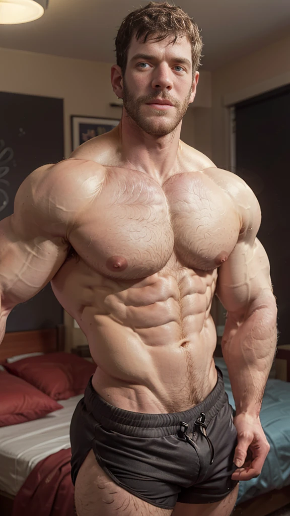 Masterpiece, denoise, void noise, one man, best quality, 8k resolution, male focus, focus only, amazing composition, volumetric lighting, super quality, elegant, Very detailed, bedroom, front view, facing viewer , -----------, 35 years old, mature face, muscular, thin body, Caucasian, (((white skin, pale skin))), handsome, (detailed light-blue eyes), light blonde hair, big ears, (((hairy pectorals, thick plenty  and body hair))), ((Medium long beard)), (((((Jim Sturgess and Russell Tovey mixed face))))), (((big , perky ))), ------------, (((wearing shorts))), (((shirtless))
