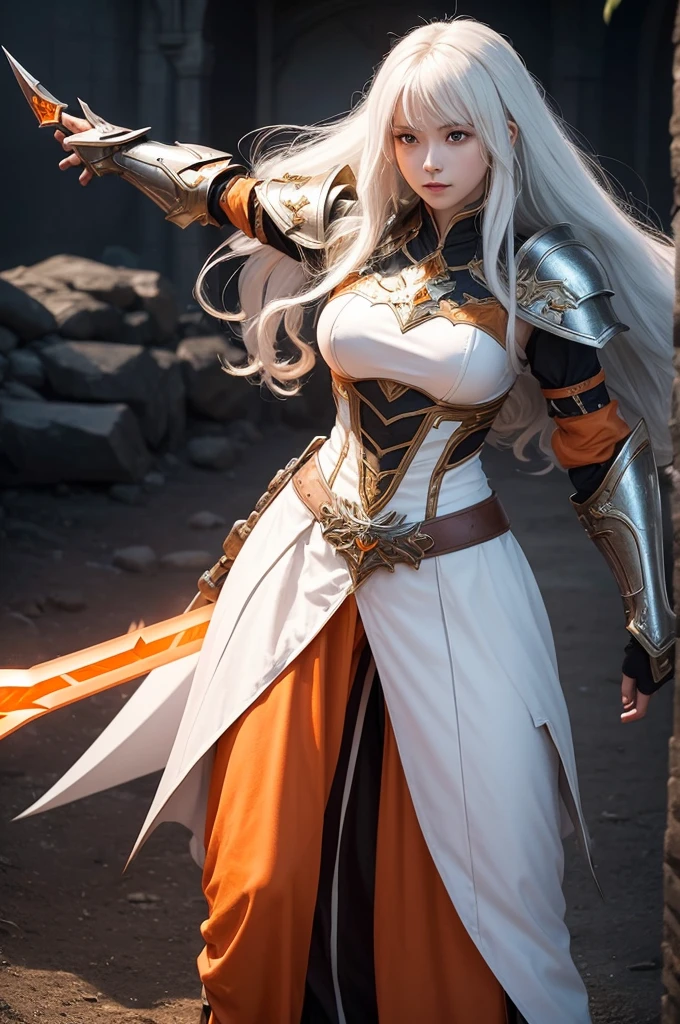 Make me an armored warrior princess with an aura greatsword, She has long, curly hair with a white streak, her predominant color is orange. Medieval RPG 

