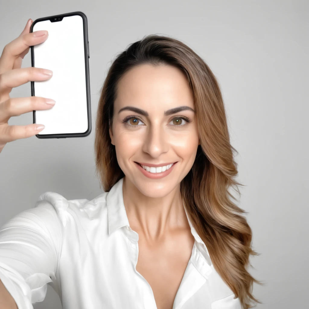 selfie Mulher de 28 anos, nutricionista de jaleco branco, fundo branco, foto deve parecer nomal, super realista, super detalhado, 4k