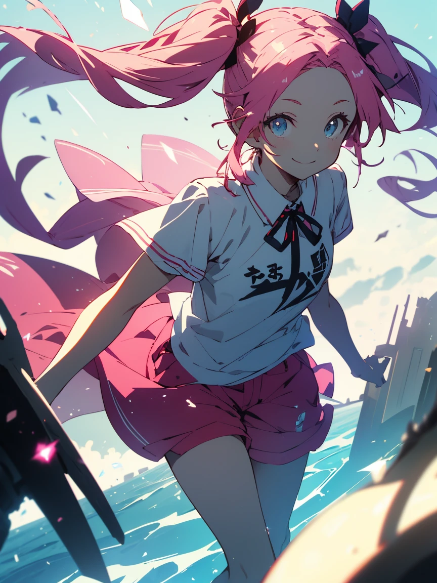 (highest quality、masterpiece、High resolution、detailed)、(Shining Eyes、detailed美しい顔)、1 girl、(T-Shirts,Shorts),smile,short boots,outskirts、Slope background、Beautiful Anime, (pink hair, twin tails twin drill, show your forehead, blue eyes, White frilled white headband, slanted eyes, smile, long sideburns, curled bangs, neck ribbon, Forehead, amount),