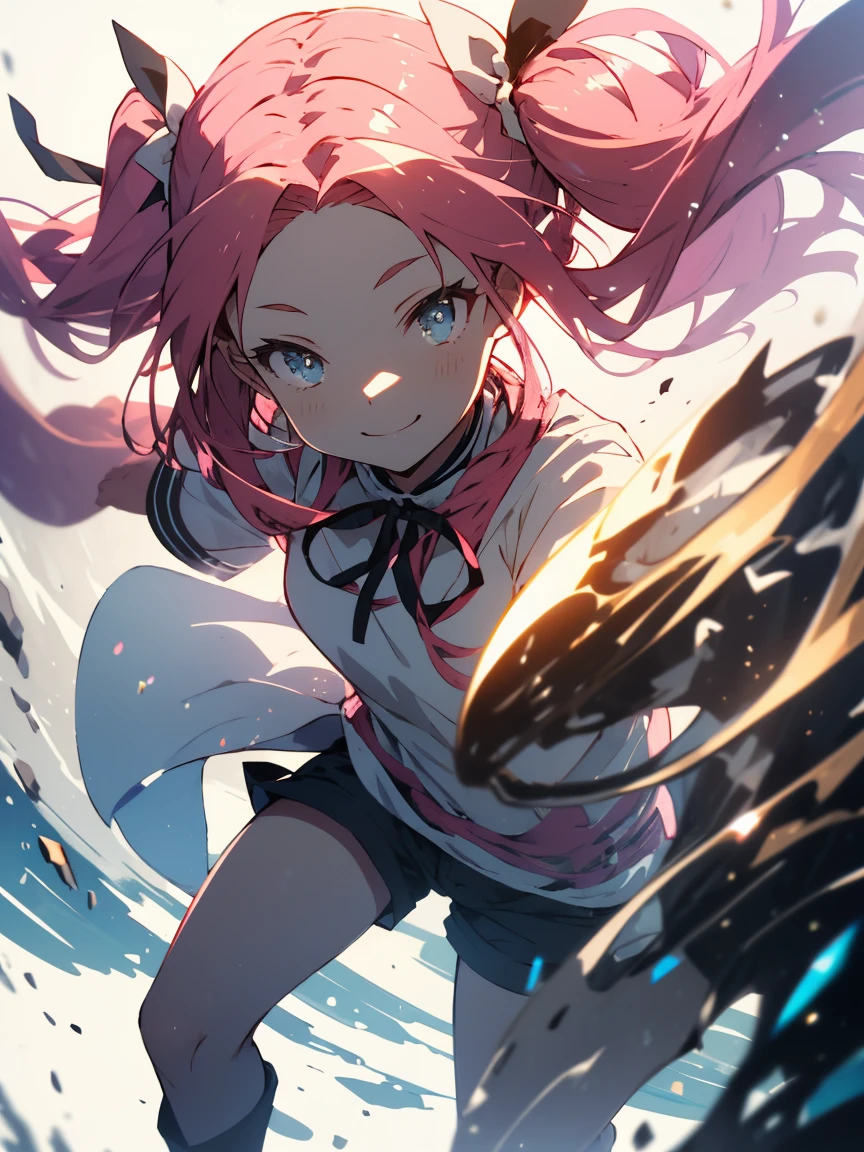 (highest quality、masterpiece、High resolution、detailed)、(Shining Eyes、detailed美しい顔)、1 girl、(T-Shirts,Shorts),smile,short boots,outskirts、Slope background、Beautiful Anime, (pink hair, twin tails twin drill, show your forehead, blue eyes, White frilled white headband, slanted eyes, smile, long sideburns, curled bangs, neck ribbon, Forehead, amount),