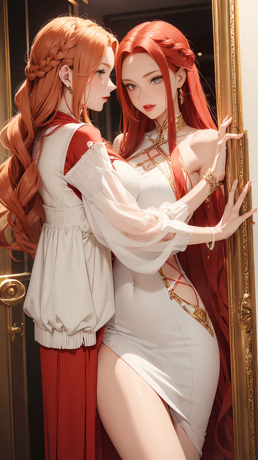 Two beautiful women with long braided red hair and mid wavy blond hair, respectivetly, with green eyes wearing a Mock Neck Cut Out Dress, Sexy Criss Cross Mock Neck ((Mid Sleeves)) Dress, ((luxurious jewelry)), standing in a fitting room, hugging closely and kissing each other (white skin), (red lipstick), (elegant mascara), (muscular body with abs), (small breasts) midjourney, <lora:GoodHands-, <lora:GoodLegs-, UHD, high resolution, (masterpiece:1.1, best quality), (expressive eyes, perfect face, full body, expressive face, perfect body, athletic, fit, slim body, blushing, Perfect makeup, eyeliner, beautiful eyelashes, smiling, horny face), ((Beige dress)), ((Grey dress)), ((Tight dress)), ((best illumination, best shadows)), ((lesbian kiss))