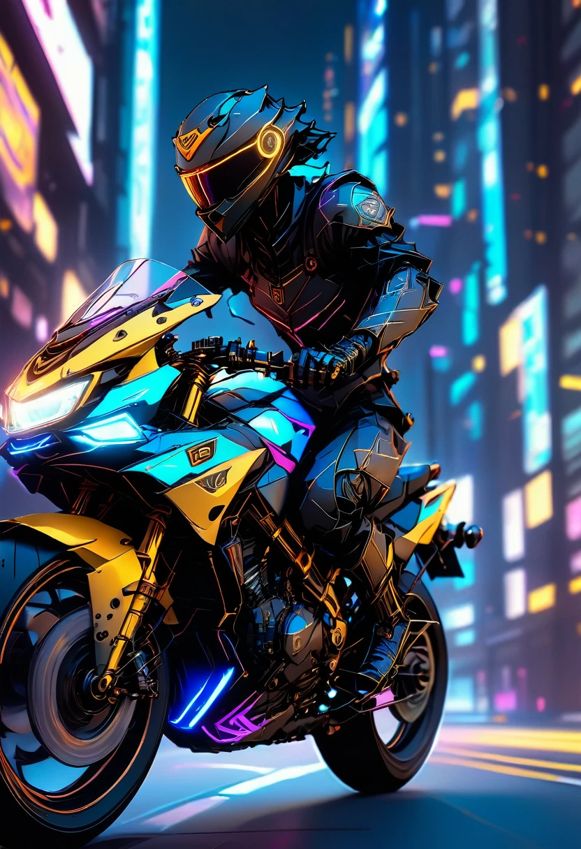 detailed cyberpunk motorcycle, futuristic motorcycle, riding on the road, motorcycle from behind view, 1 person riding motorcycle, intricate details, high resolution, 8k, photorealistic, hyper detailed, cinematic lighting, dynamic motion blur, gritty urban environment, neon lights, glowing cybernetic elements, chrome accents, weathered texture, mecha-inspired design, complex machinery, industrial cityscape, moody color palette, (mejor calidad,4k,8K,high resolution,obra maestra:1.2),ultra detallado,Sharp focus,(realista,photorealista,photo-realista:1.37), extremadamente finos,detalles intrincados,intense lighting,dramatic lighting,changing lighting,cinematic lighting,chiaroscuro lighting,dramatic shadows,Dramatic moments,vivid colors,colores intensos,Contraste profundo,cinematic depth of field,cinematographic composition,cinematic camera angle