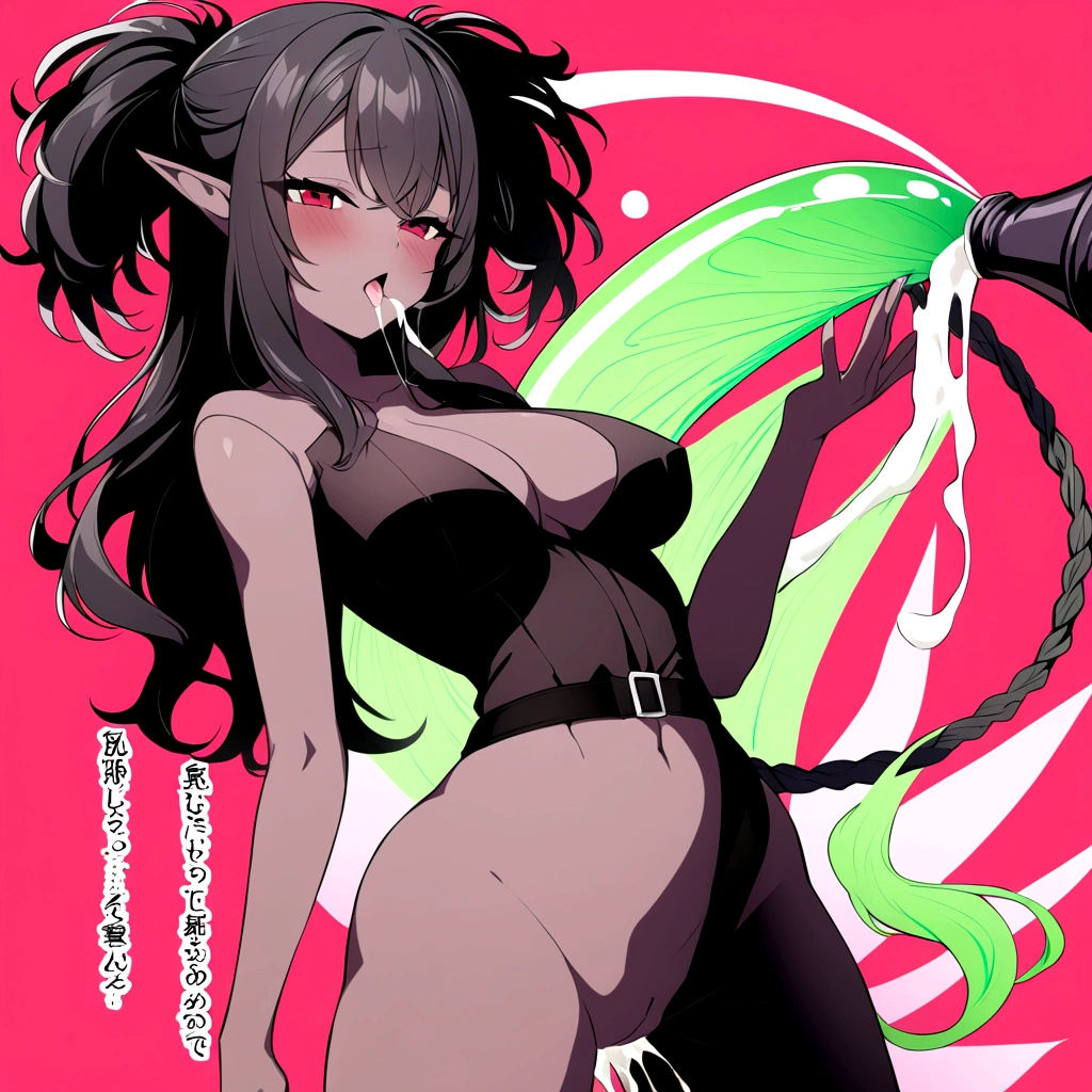 A african anime elf female, shining red, nude, Black and red background, sexy pose, big chest, Slim body, cum coming out of mouth, mouth open, Penis in vagina, orgasm, squirt