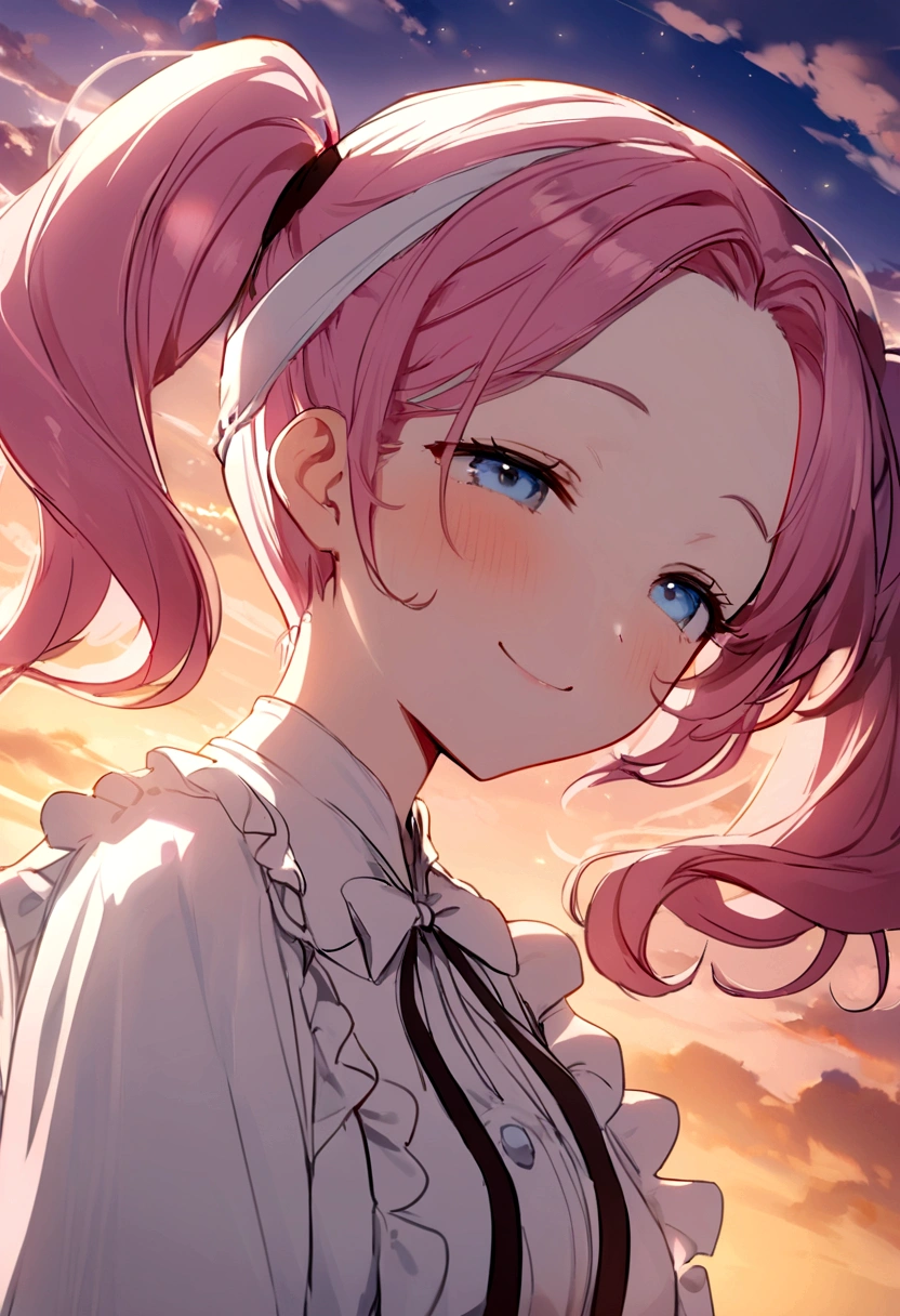 masterpiece, highest quality, Movie Steel, One girl, Cloud Girl, Floating in the sky, close, Luminance, happiness, Warm and soft lighting, sunset, Sleep, うつ伏せでsleep, sleep, close your eyes, Fatigue. (spark:0.7), (pink hair, twin tails twin drill, show your forehead, blue eyes, White frilled white headband, slanted eyes, smile, long sideburns, curled bangs, neck ribbon, Forehead, amount),