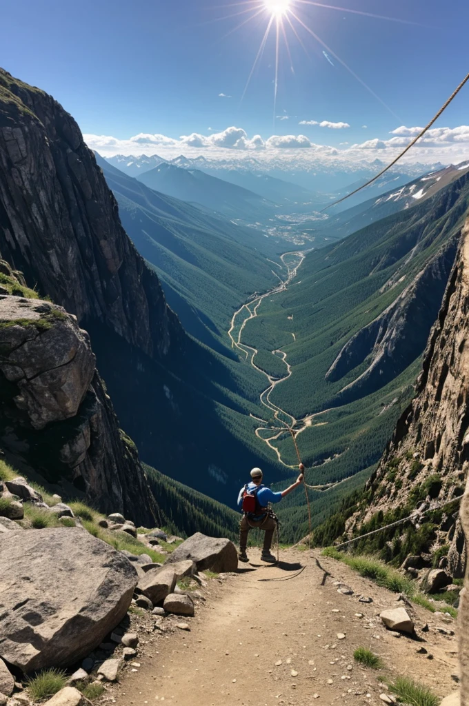 A young man climbing a mountain with his rope or rope