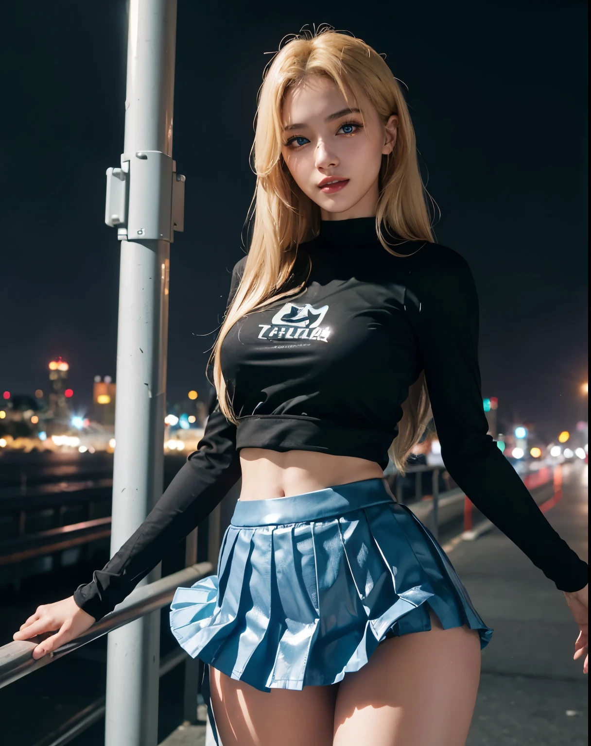 1girl, (Blue Eyes), (smiling), (beautiful black makeup :1.2), wide hips, (big tits :1.1), (big ass), (Best Quality, 8k, Masterpiece: 1.3), Clear Focus: 1.2, Perfect Body Beauty: 1.4, strong abs, Highly detailed face and skin texture, detailed eyes, double eyelids, (shiny skin :1.2), (blonde long hair :1.2), (red pleated mini skirt :1.3), (black long sleeve t-shirt :1.2), standing, dynamic pose, (close-up), on the freeway at night, illuminated city in the background