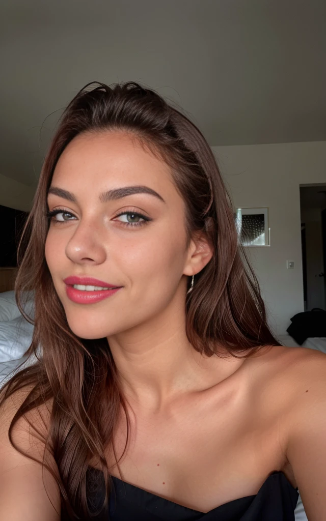22-year-old woman, ein elegantes Erscheinungsbild. she is lying on her back on a bed. die kamera kommt von oben. My brown hair falls in long waves over my shoulders and frames my face and emphasizes my green eyes. Meine vollen, red lips are shaped into a smile. My snub nose is covered with freckles, which contrast with my tanned skin. Meine Augenbrauen sind dick und dunkel, gives me a seductive look. Meine Wangenknochen sind hoch und definiert, und meine Wimpern sind lang und geschwungen. zeigt meine Kurven. the model is wearing a black dress, Her hair is open and her makeup is light and natural. she seems happy. she has white teeth.