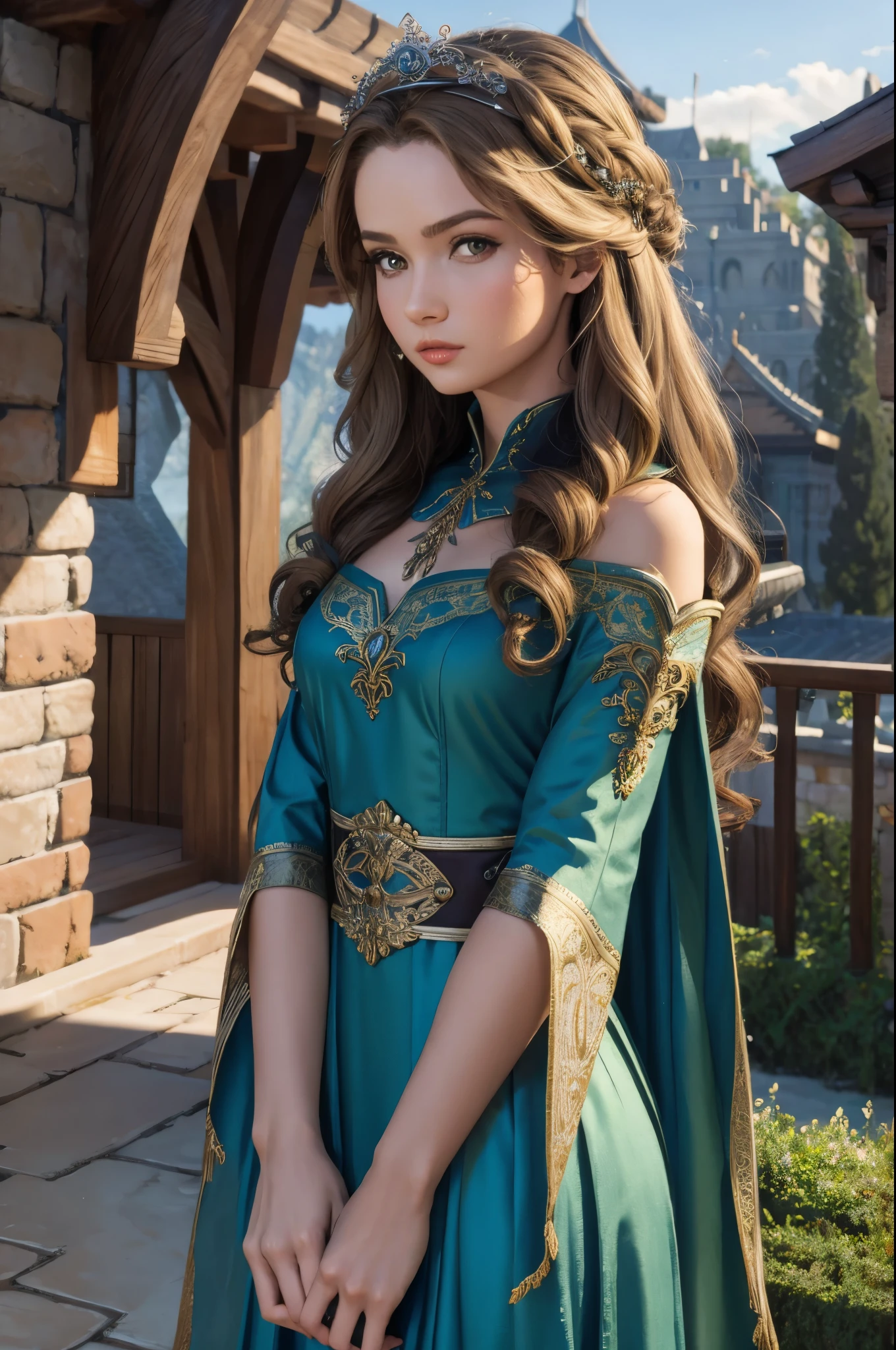 (masterpiece:1.4), (best quality:1.4), (high resolution:1.4), , anna of arendelle, , surprised, long hair, , looking at viewer,, black tunic,, outdoors, , medieval, prinzzess