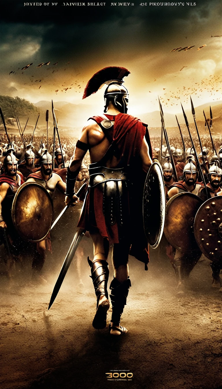 Movie poster, 300 of Spartan, showing the King Leonidas guiding his army into the battle, cinematic, the number “300” should be the main object on the scene