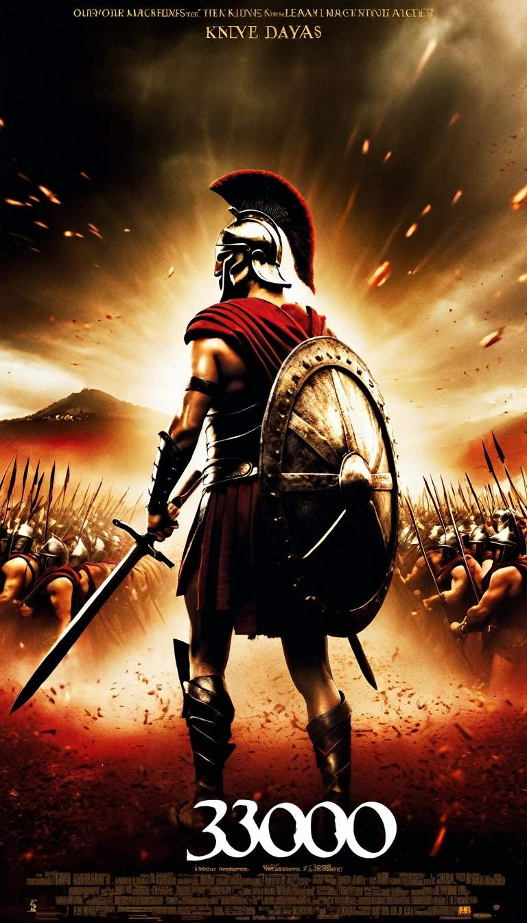 Movie poster, 300 of Spartan, showing the King Leonidas guiding his army into the battle, cinematic, the number “300” should be the main object on the scene