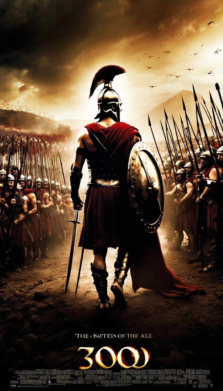 Movie poster, 300 of Spartan, showing the King Leonidas guiding his army into the battle, cinematic, the number “300” should be the main object on the scene