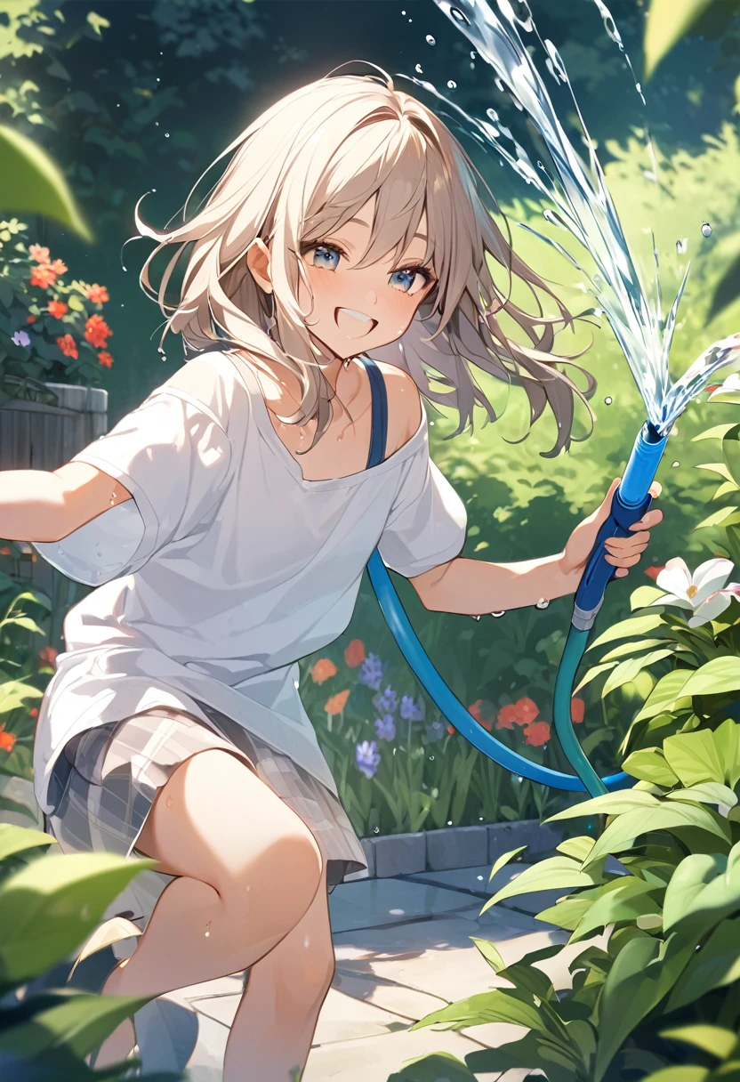 beautiful girl、16 years old、Off the shoulder、White T-shirt、Wet、slouch、Chest、Flat Chest、garden、smile、Spraying water with a hose