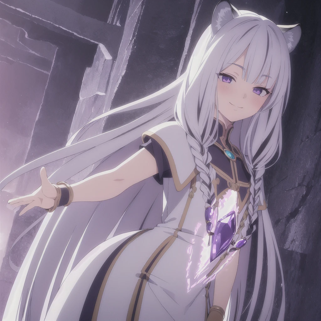 ((masterpiece)), (best quality), (ultra-detailed), photorealistic, (best illustration), ((an extremely delicate and beautiful)), 1girl, solo, long hair, tiger ears, [:tiger tail under:0.2], white hair, two-tone hair, full body, knight armor, crimson glowing details on armor, amulet on neck, Bracelets, crimson crystals in Bracelets, long lilac cape, open eyes, evil purple eyes, looking at viewer, malicious smile, blush, in space, goddess, low twin braids, loosen hair, quiet gesture, white armor, cybernetic armor. 