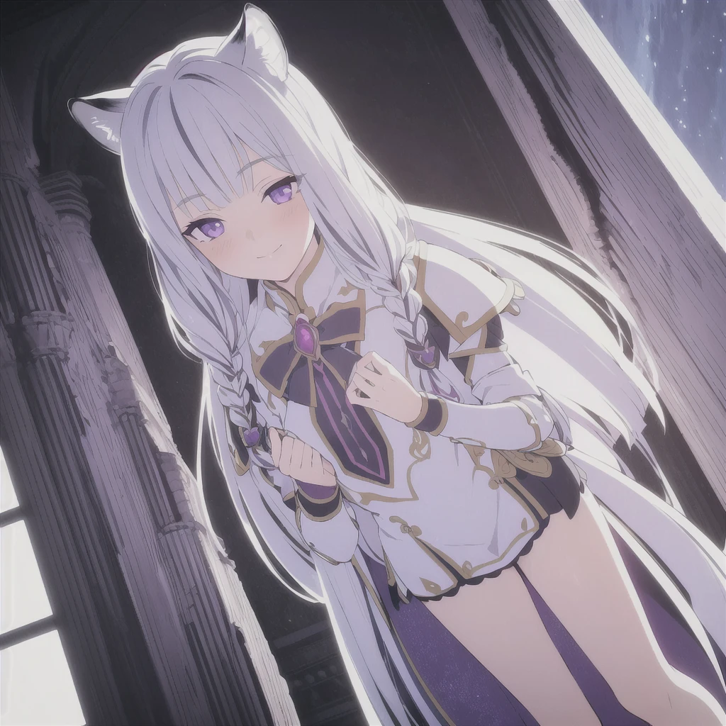 ((masterpiece)), (best quality), (ultra-detailed), photorealistic, (best illustration), ((an extremely delicate and beautiful)), 1girl, solo, long hair, tiger ears, [:tiger tail under:0.2], white hair, two-tone hair, full body, knight armor, crimson glowing details on armor, amulet on neck, Bracelets, crimson crystals in Bracelets, long lilac cape, open eyes, evil purple eyes, looking at viewer, malicious smile, blush, in space, goddess, low twin braids, loosen hair, quiet gesture, white armor, cybernetic armor. 