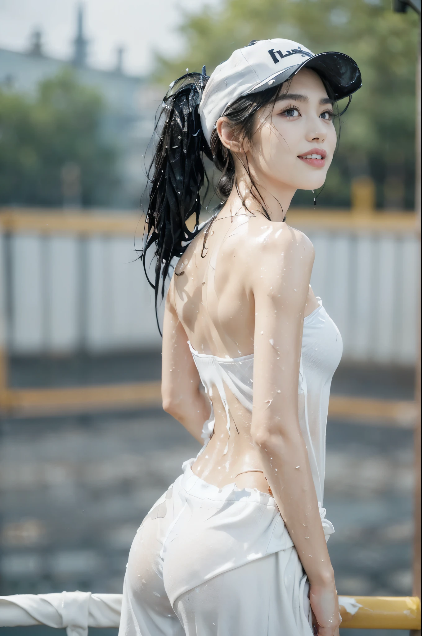 (Extremely meticulous CG),(((8k))),wallpaper,((Extremely refined and beautiful)),(((Masterpiece))),(((best qualtiy))),(((Ultra High Resolution))),beautiful light up,realistic shaded,(Smooth and flawless fair skin:1.tremely exquisite facial details:1.2),(ultra-detailed:1.5),((a beautiful girl,solo)),(White baseball cap:1.5),(short ponytail:1.2),(wet hair:1.5),(small head:1.2),(slender face:1.2),(Exquisite makeup:1.3),(happy:1.2),(laughing:1.2),(perfect body:1.1),(wet:1.5),(sweat:1.3),(shiny skin:1.5),(strapless torn white t-shirt:1.3),( back:1.3),(towering :1.3),(torn Small [black|white] checkered pajama pants:1.5),((slim,thin)),(from back:1.3),(standing:1.3),( crack:1.3),(at the schoolgate:1.5),(urban landscape:1.3),(outdoor:1.3),(summer:1.3),(day scene:1.3),(rainy:1.3),(overcast:1.5),(upper body:1.3),(surrounded by crowded crowds:1.3)