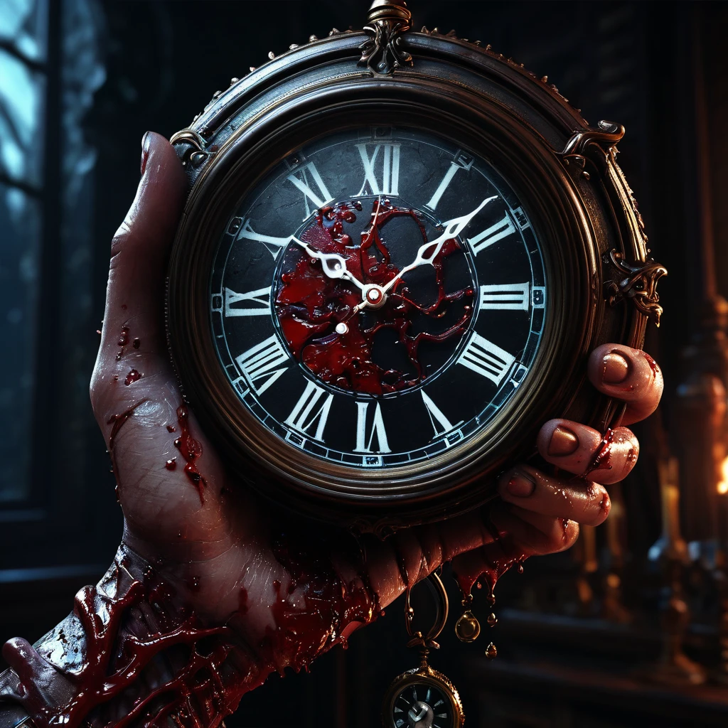 a hand holding clock, bleeding, detailed anatomy, cinematic lighting, high contrast, dramatic atmosphere, dark fantasy, rich colors, digital painting, hyper-detailed, 4k, octane rendering, masterpiece