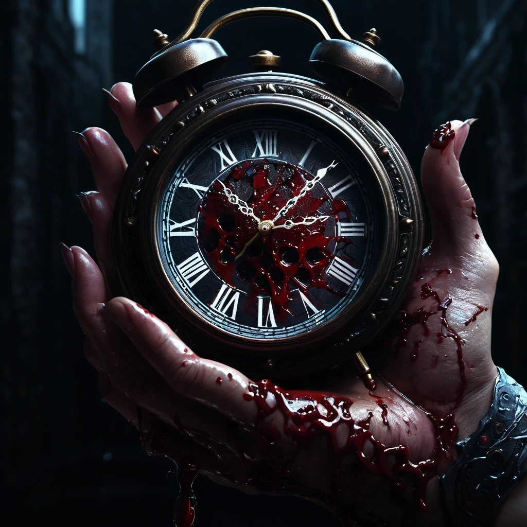 a hand holding clock, bleeding, detailed anatomy, cinematic lighting, high contrast, dramatic atmosphere, dark fantasy, rich colors, digital painting, hyper-detailed, 4k, octane rendering, masterpiece