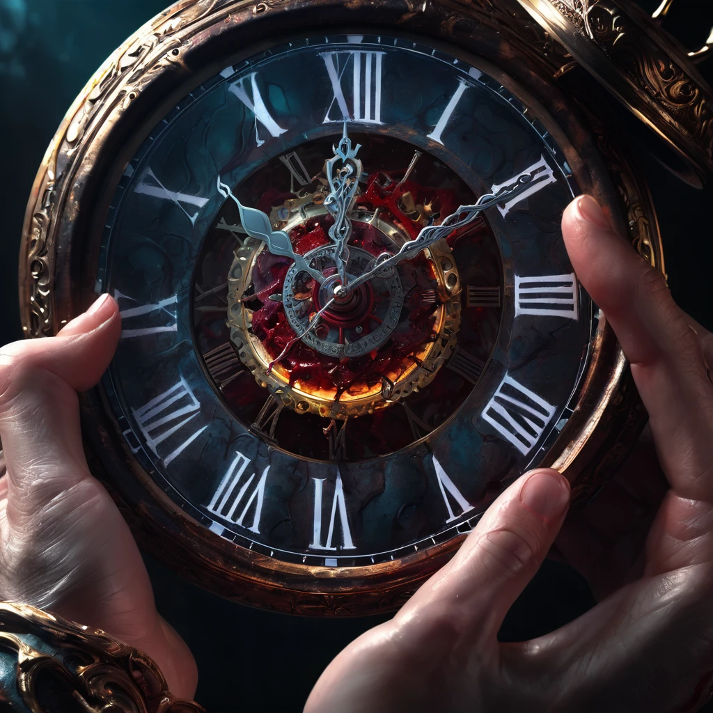 a hand holding clock, bleeding, detailed anatomy, cinematic lighting, high contrast, dramatic atmosphere, dark fantasy, rich colors, digital painting, hyper-detailed, 4k, octane rendering, masterpiece