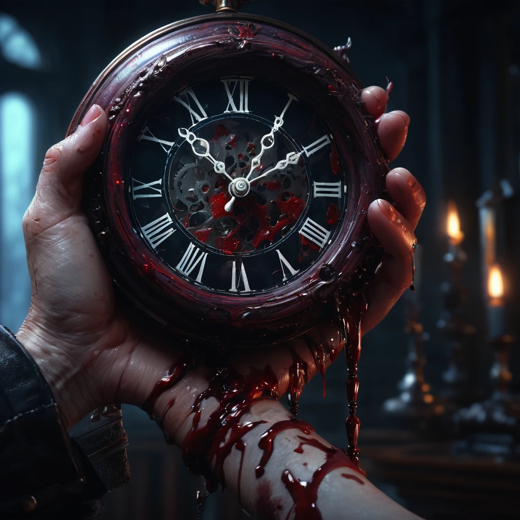 a hand holding clock, bleeding, detailed anatomy, cinematic lighting, high contrast, dramatic atmosphere, dark fantasy, rich colors, digital painting, hyper-detailed, 4k, octane rendering, masterpiece