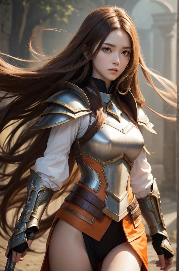 Make me an armored warrior princess with an aura greatsword, She has long, brown hair with a white streak, her predominant color is orange. Medieval RPG