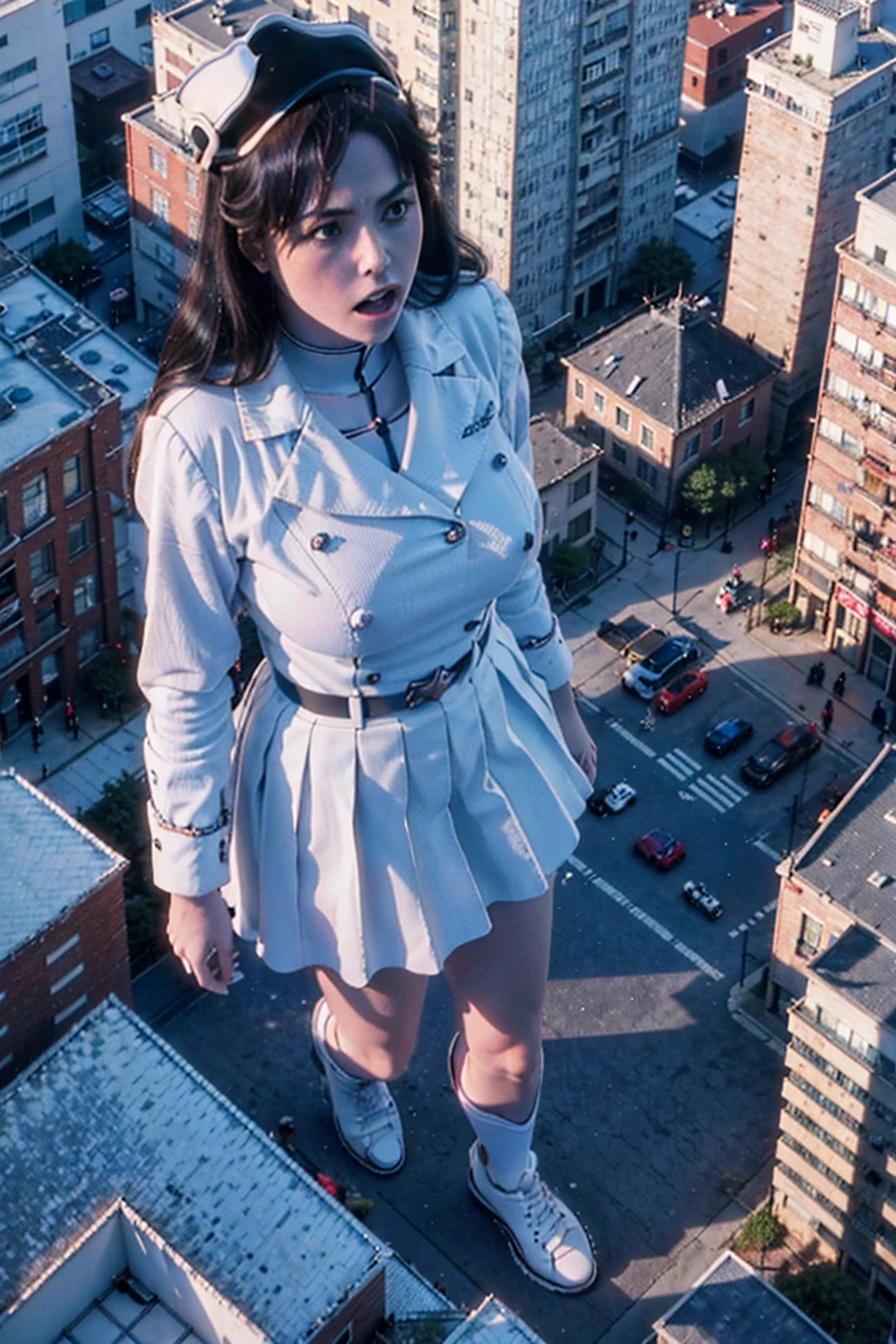 Giant maiden,der riese、Girl taller than the building,from below, round and large eyes、tallgts,giantess,Full body photo,BuildingSeat, white uniform,Big breasts,pencil skirts,,white boots,cleveage of the breast、a miniskirt、Modern miniature buildings、top-quality、Watercolor style、stom'