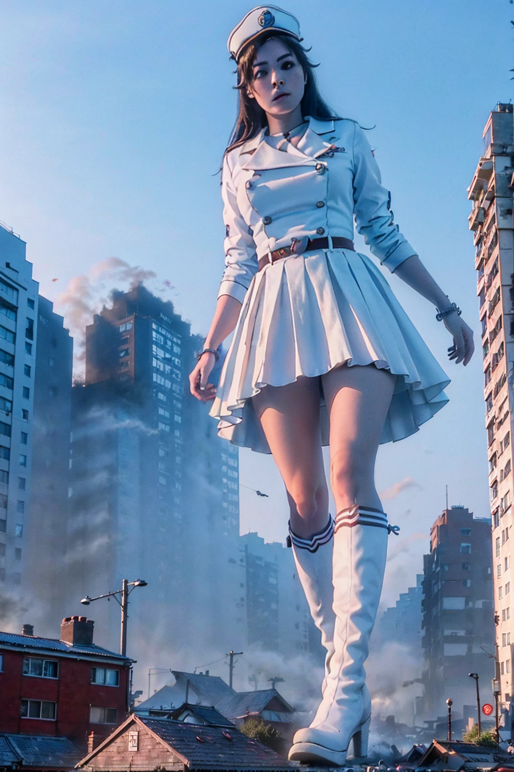 Giant maiden,der riese、Girl taller than the building,from below, round and large eyes、tallgts,giantess,Full body photo,BuildingSeat, white uniform,Big breasts,pencil skirts,,white boots,cleveage of the breast、a miniskirt、Modern miniature buildings、top-quality、Watercolor style、stom'