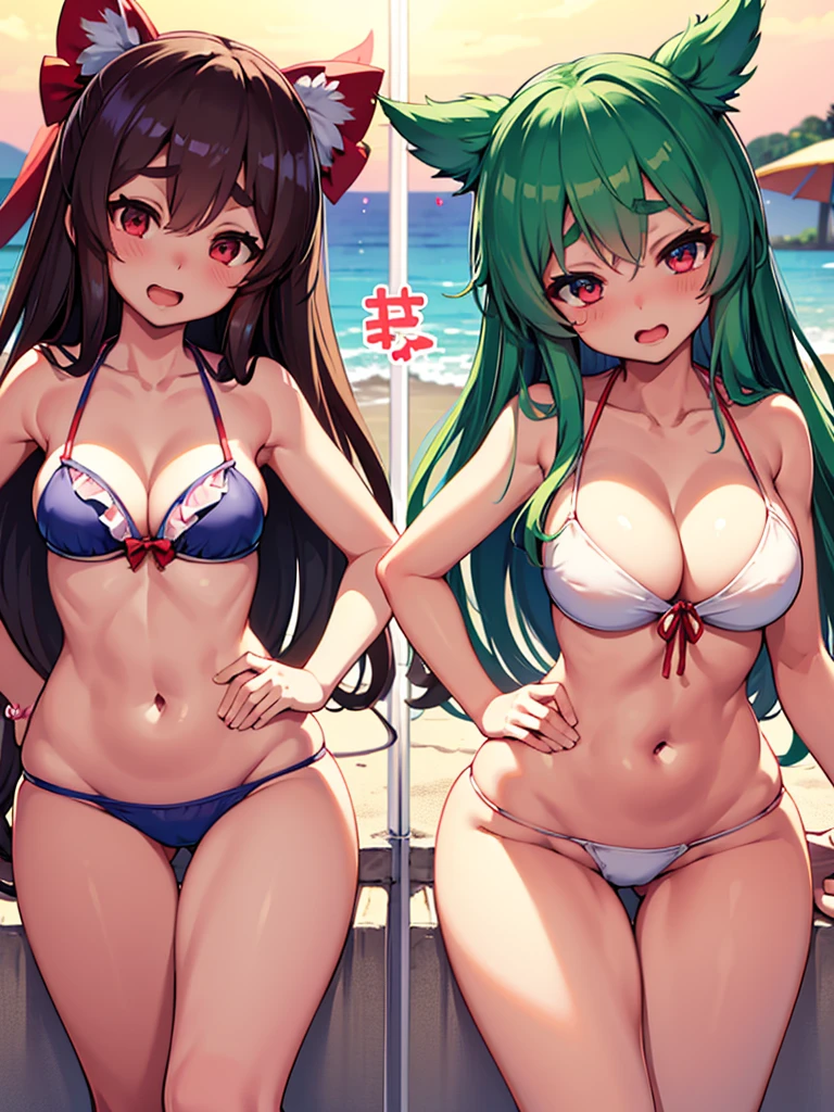 cute bikini style swimwear,
reiuji utsuho, touhou project, medium shot, Girls' Front, thick thighs, head tilt, incredibly detailed, extremely beautiful detailed anime face and eyes, ,D, thick eyebrows, open mouth, delicate hands, cleavage, extremely detailed, absurdres, wallpaper