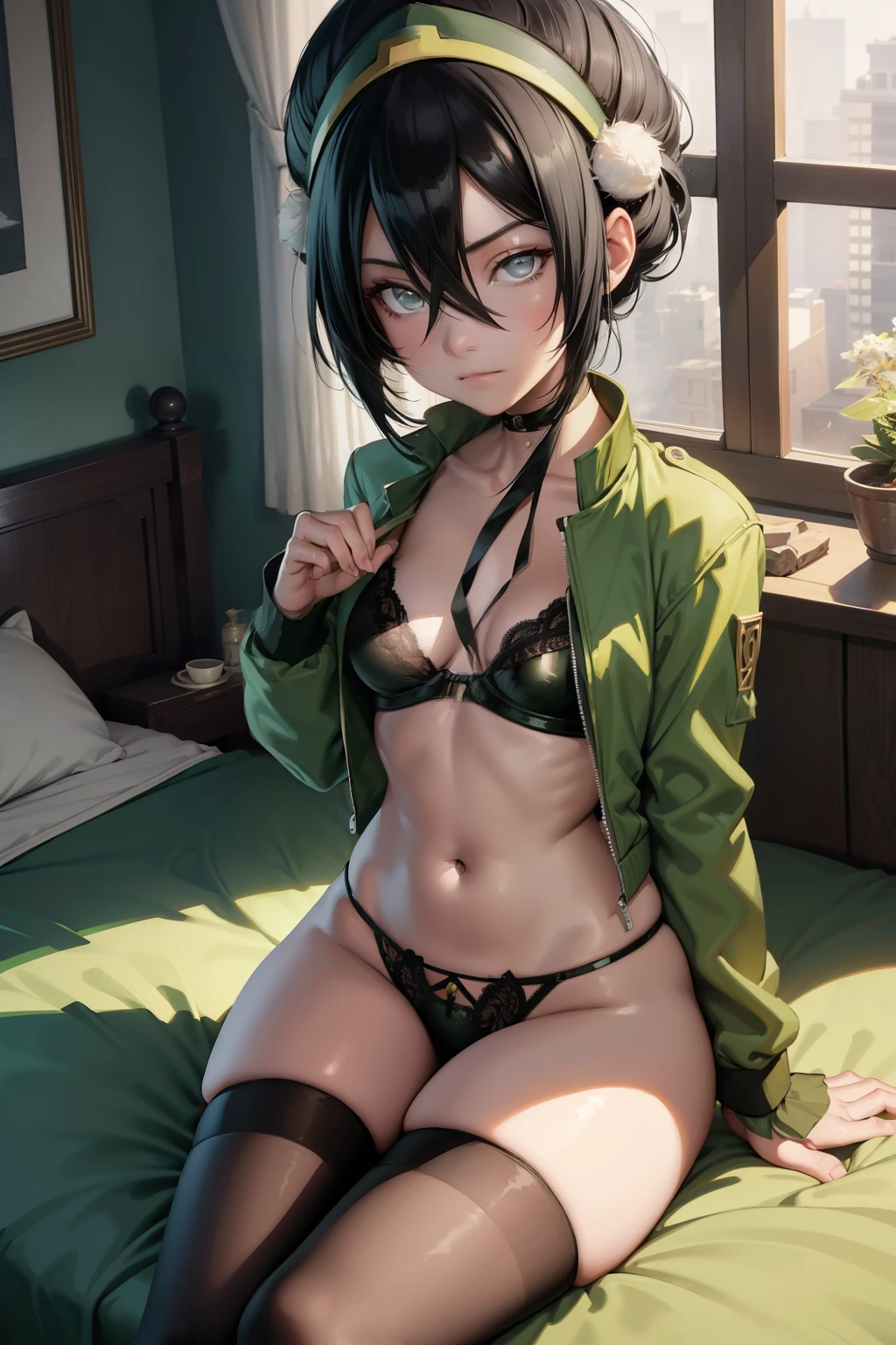 Toph beifong  ,1girl , anime , masterpiece  , Black hair,green jaqueta aberta open clothes ,toph beifong , smug face ,ahegao , solo , gren jacket, open clothes, bra , flat chest ,pantie , long socks , looking at viewer , bedroom .