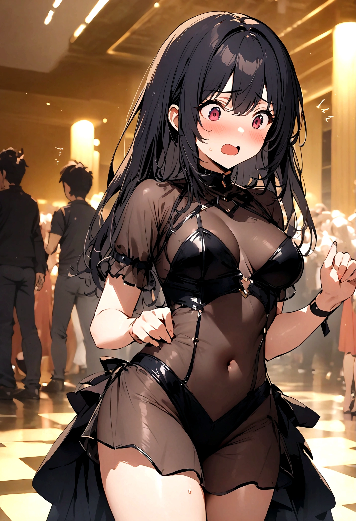 highest quality,masterpiece,Black Hair,Cosplay Event,Nearly naked,Sexy Costumes,Classmate,See-through outfit,Surprised