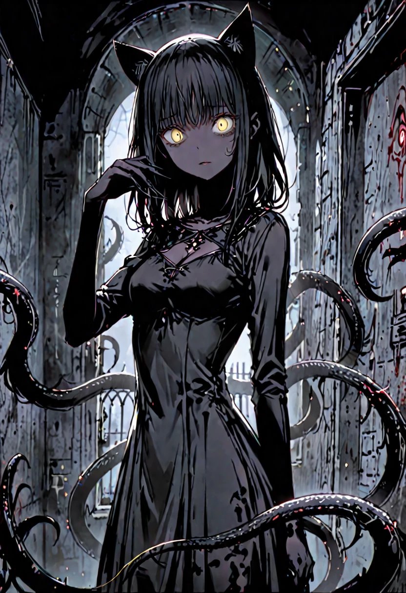 ((solo)), female with tentacles sprouting from her back, slender, very long arms, huge sharp claws, long claws, yellow eyes, slit pupils, short black hair, pitch black skin, horror, very dark, medieval, cleavage, room, corner, wide open eyes, yandere, extremely tall, black cat ears, black cat tail, simple dress, night, close up, cat pose
