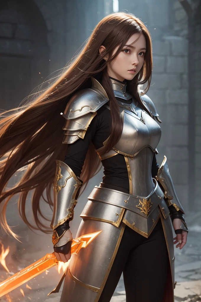 Make me an armored warrior princess with an aura greatsword, She has long, brown hair with a white streak, her predominant color is orange. Medieval RPG 

