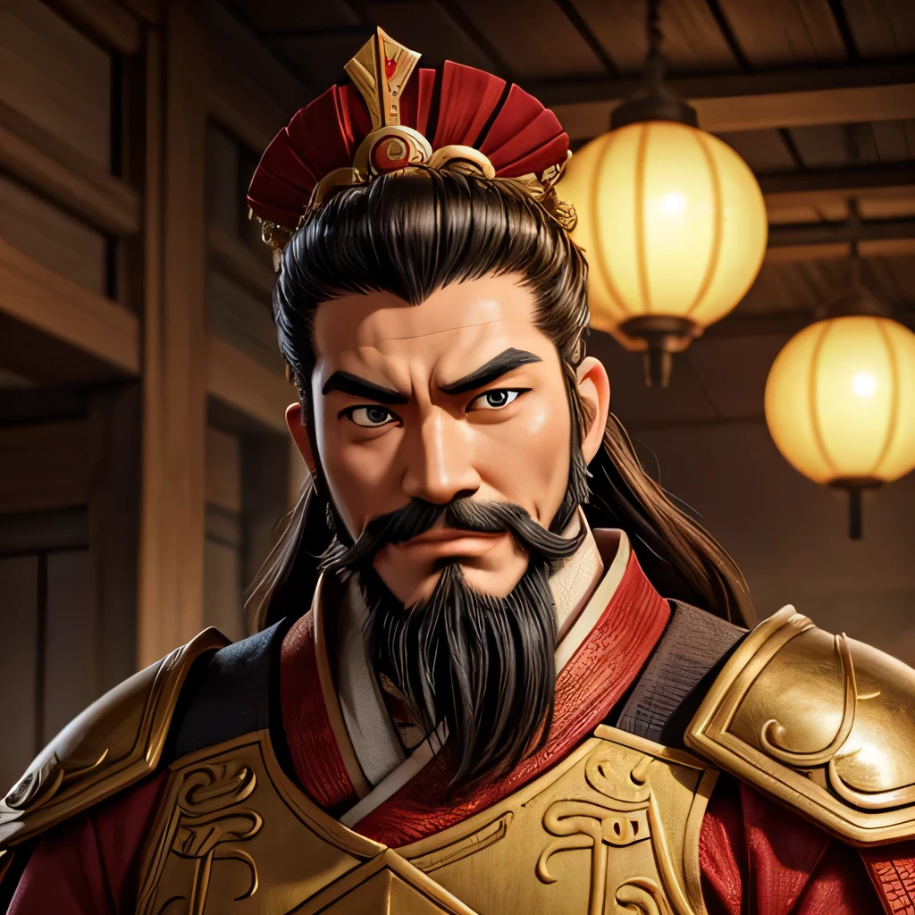 Sun Quan 孙权 He form Romance of the Three Kingdoms, The character faces straight,
Crop from head to stomach, About 30 years old, Square chin, big mouth, green eyes, red-brown mustache, long beard.