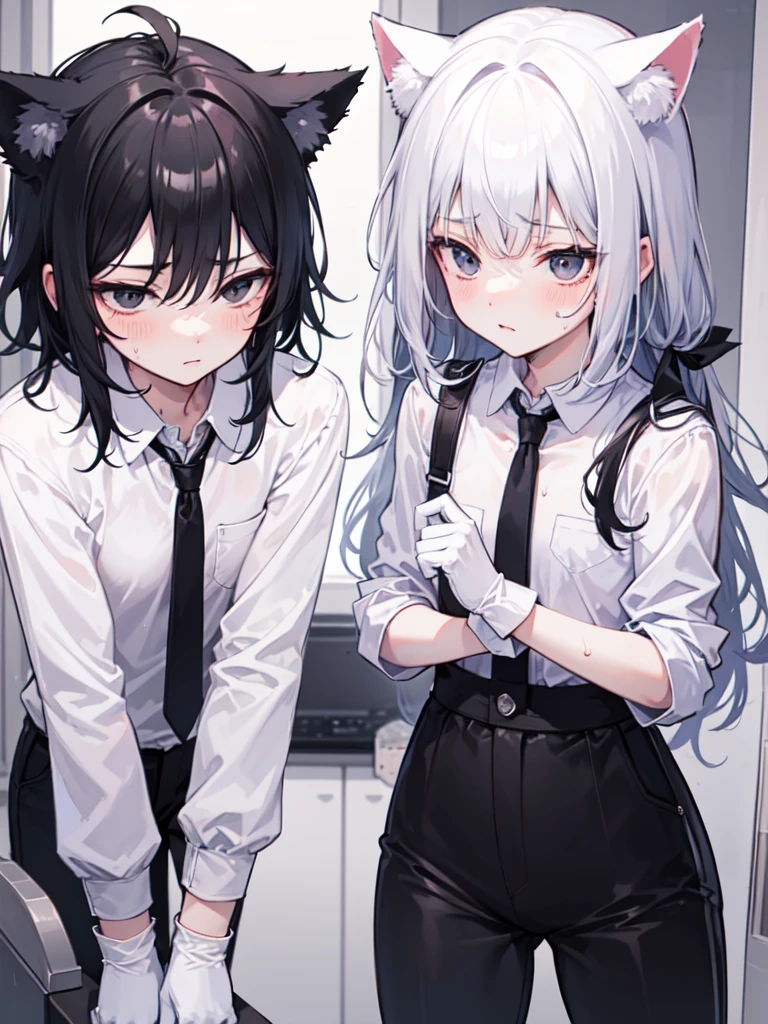18-year-old Shota,cute,Wear a white long-sleeved shirt and a black work tie,Wear black pants,Wear black booties,Wear white gloves,wear cat ear,Black hair,Black eyes,blush,sweat,Fear,Unwilling,Looks very bottom,uncomfortable