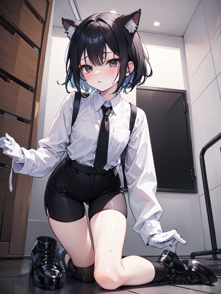 18-year-old Shota，cute，Wear a white long-sleeved shirt and a black work tie，Wear black pants，Wear black booties，Wear white gloves，wear cat ear，Black hair，Black eyes，blush，sweat，Fear，Unwilling，Looks very bottom，uncomfortable