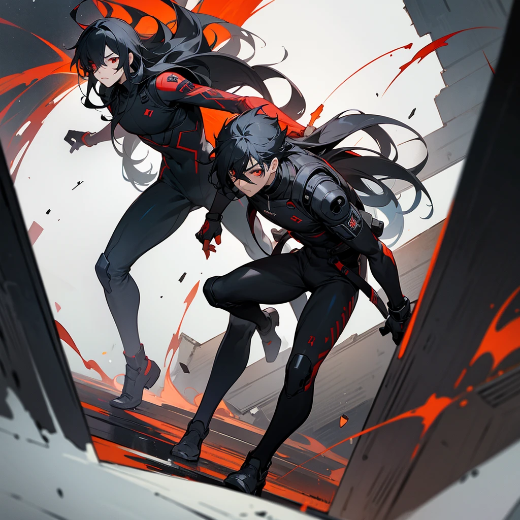 1male, young adult, finely detailed red eyes, wild long hair, black hair, eye patch, full body combat suits, standing on ruined building, night time, serious expression